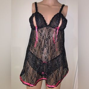 Brand new Victoria’s Secret pink, black, and silver lace lingerie set.